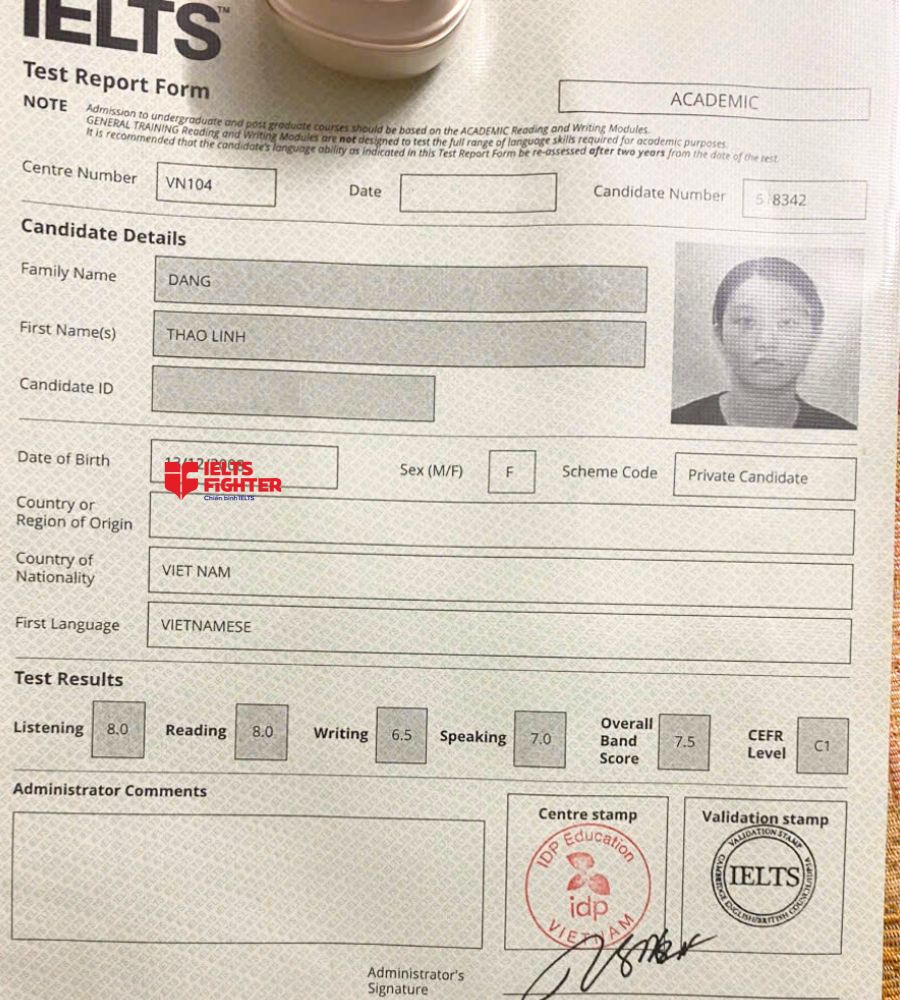 Chứng chỉ Đặng Thảo Linh 7.5 IELTS