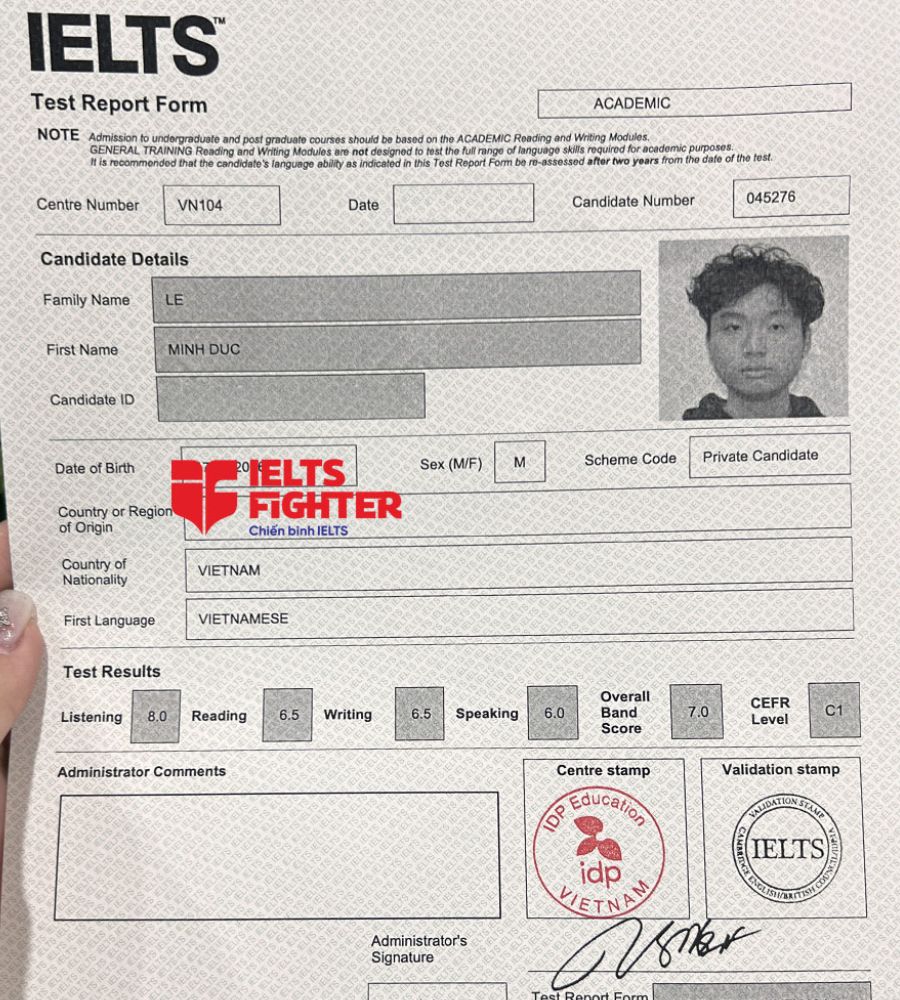 bảng điểm Minh Đức 7.0 IELTS