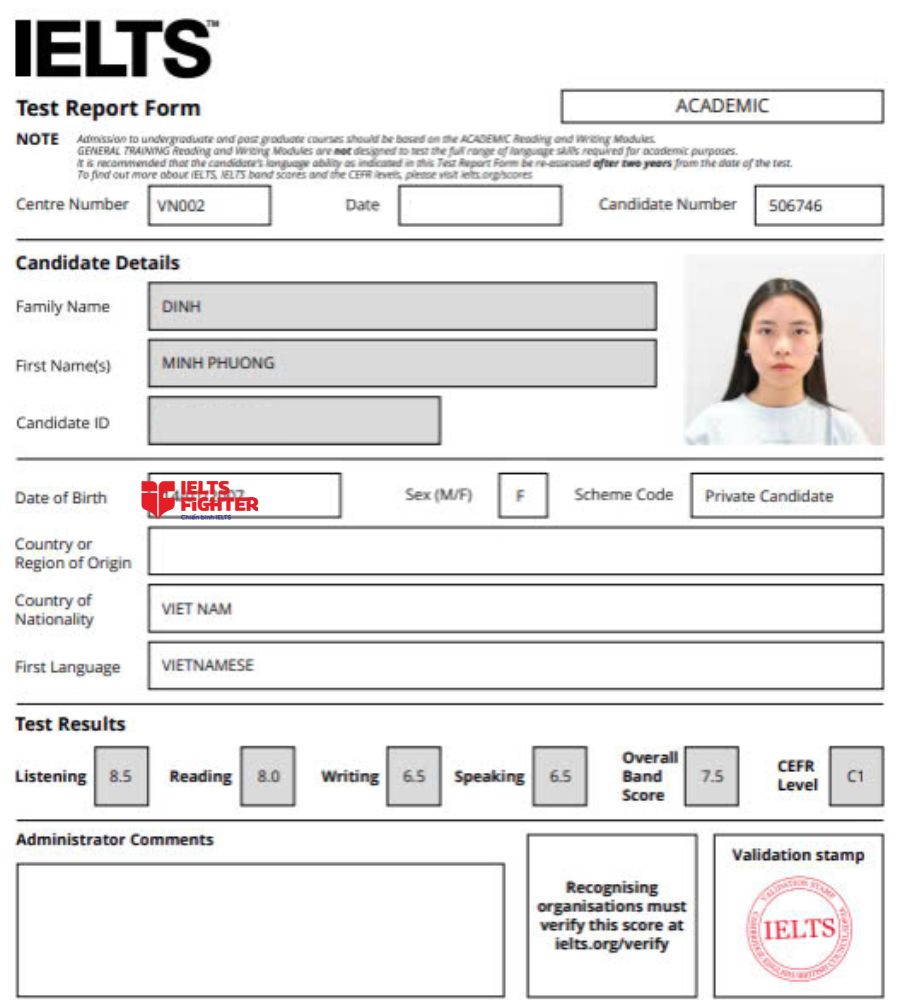 Chứng chỉ Đinh Minh Phương 7.5 IELTS
