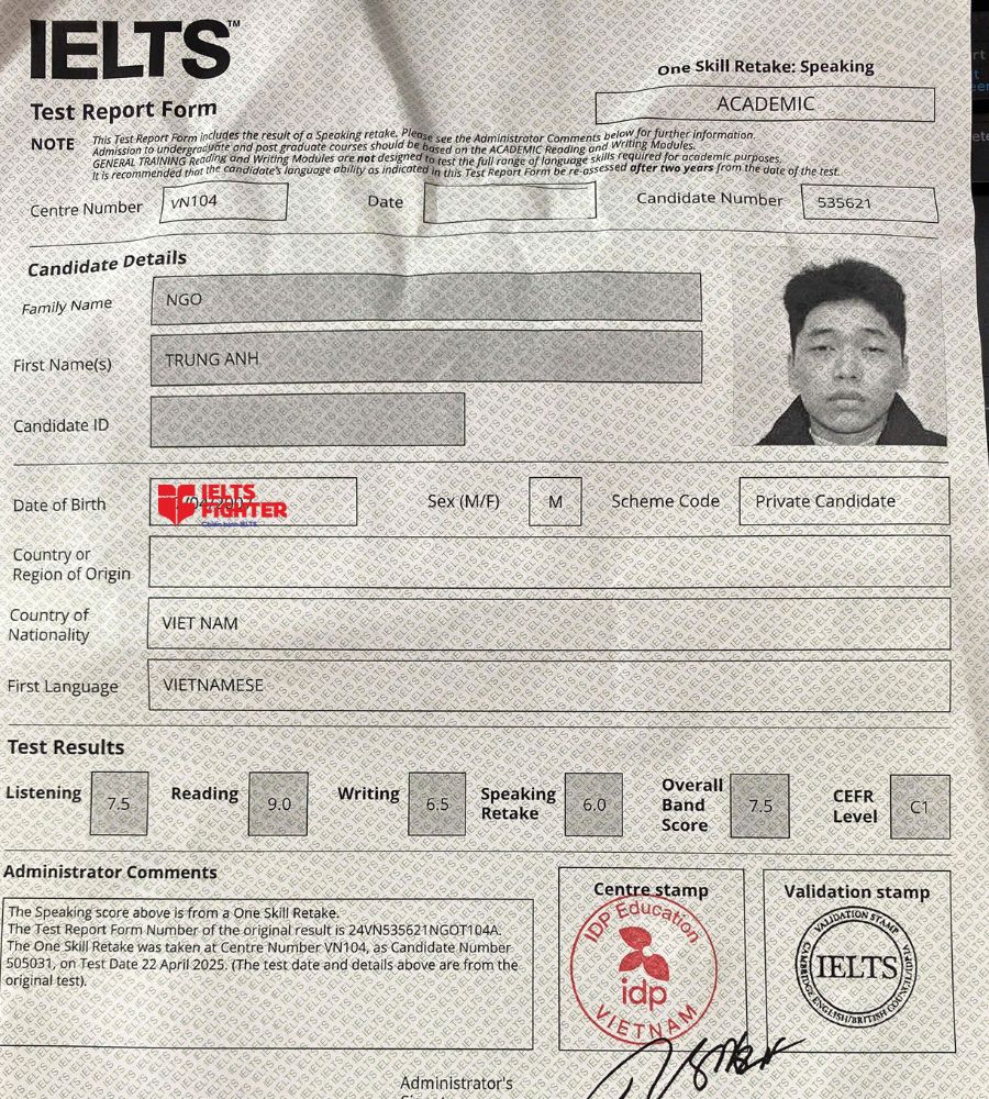 bằng Ng&ocirc; Trung Anh 7.5 IELTS
