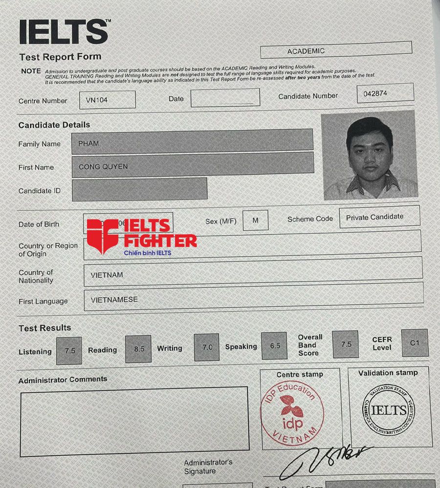 bảng điểm C&ocirc;ng quyền 7.5 IELTS 
