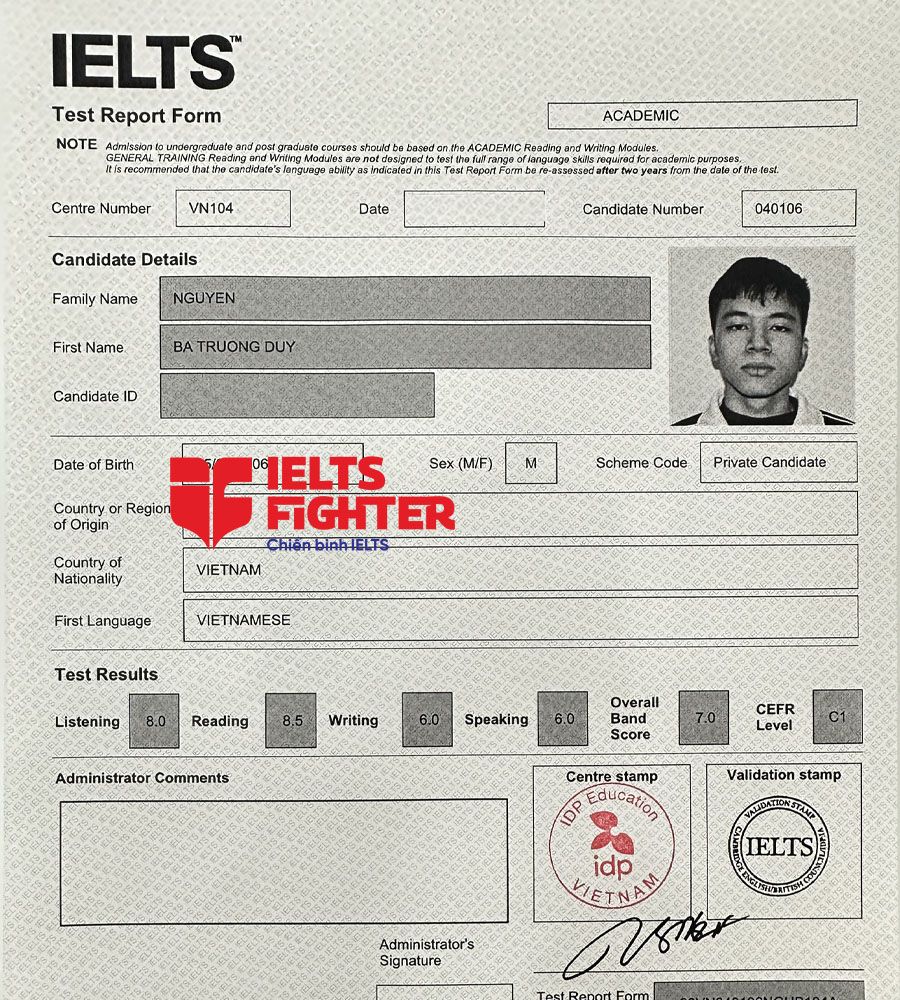 bảng điểm Trường Duy 7.0 IELTS