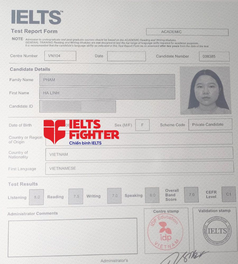 bảng điểm H&agrave; Linh 7.0 IELTS