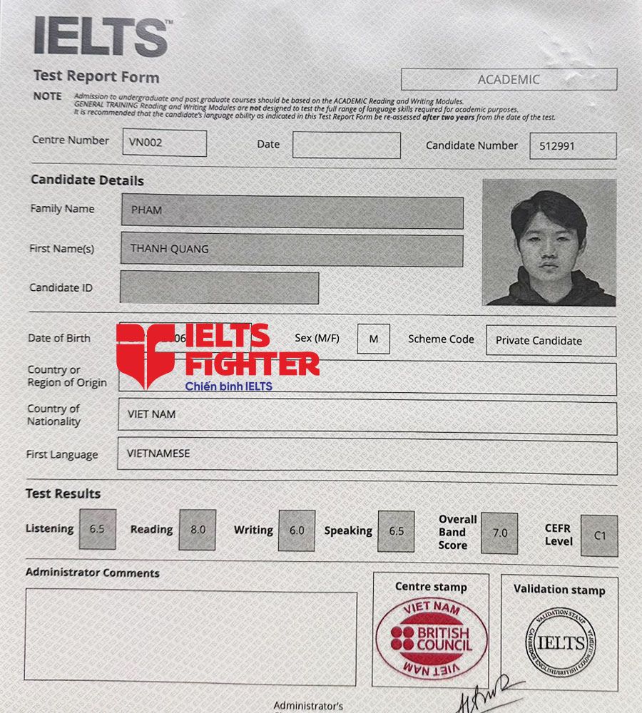 bảng điểm Thanh Quang 7.0 IELTS