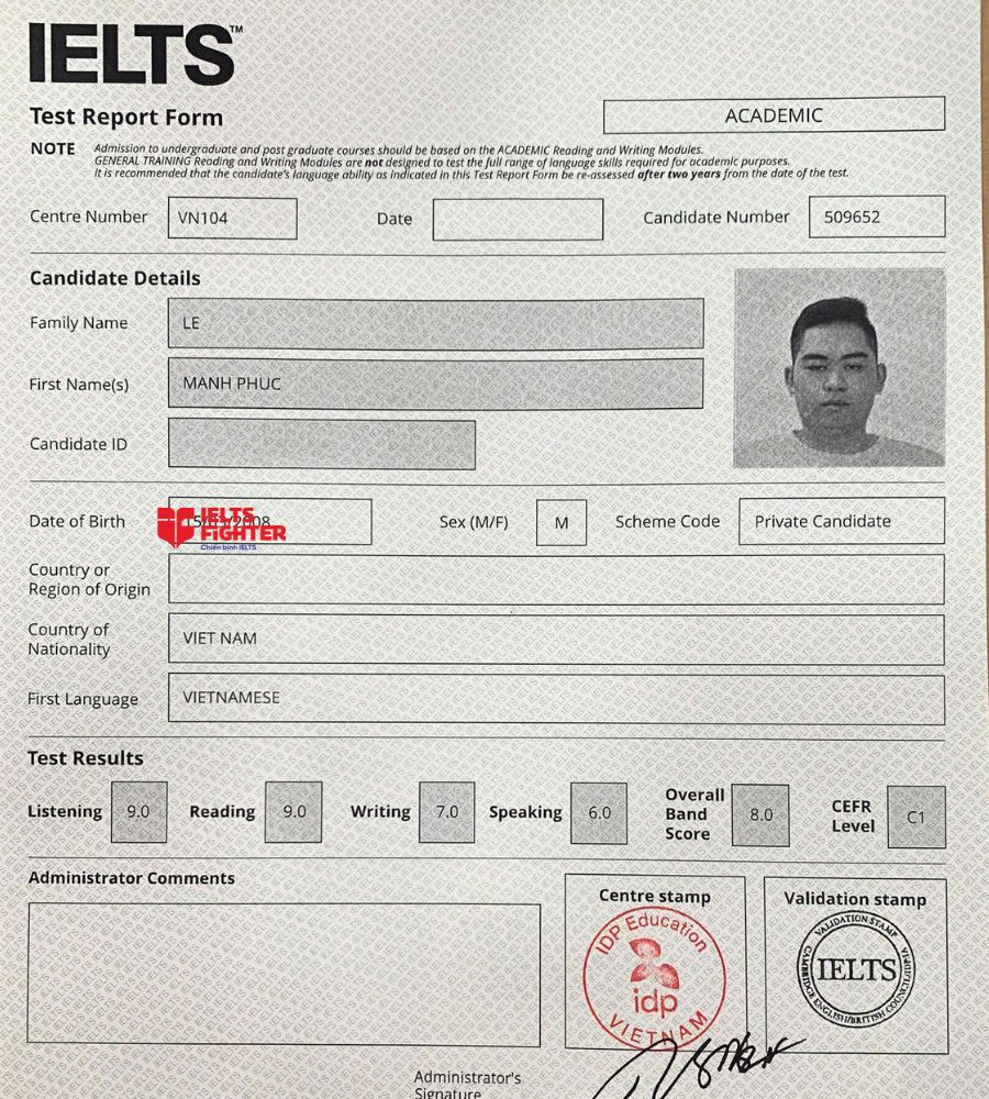 Chứng chỉ L&ecirc; Mạnh Ph&uacute;c 8.0 IELTS