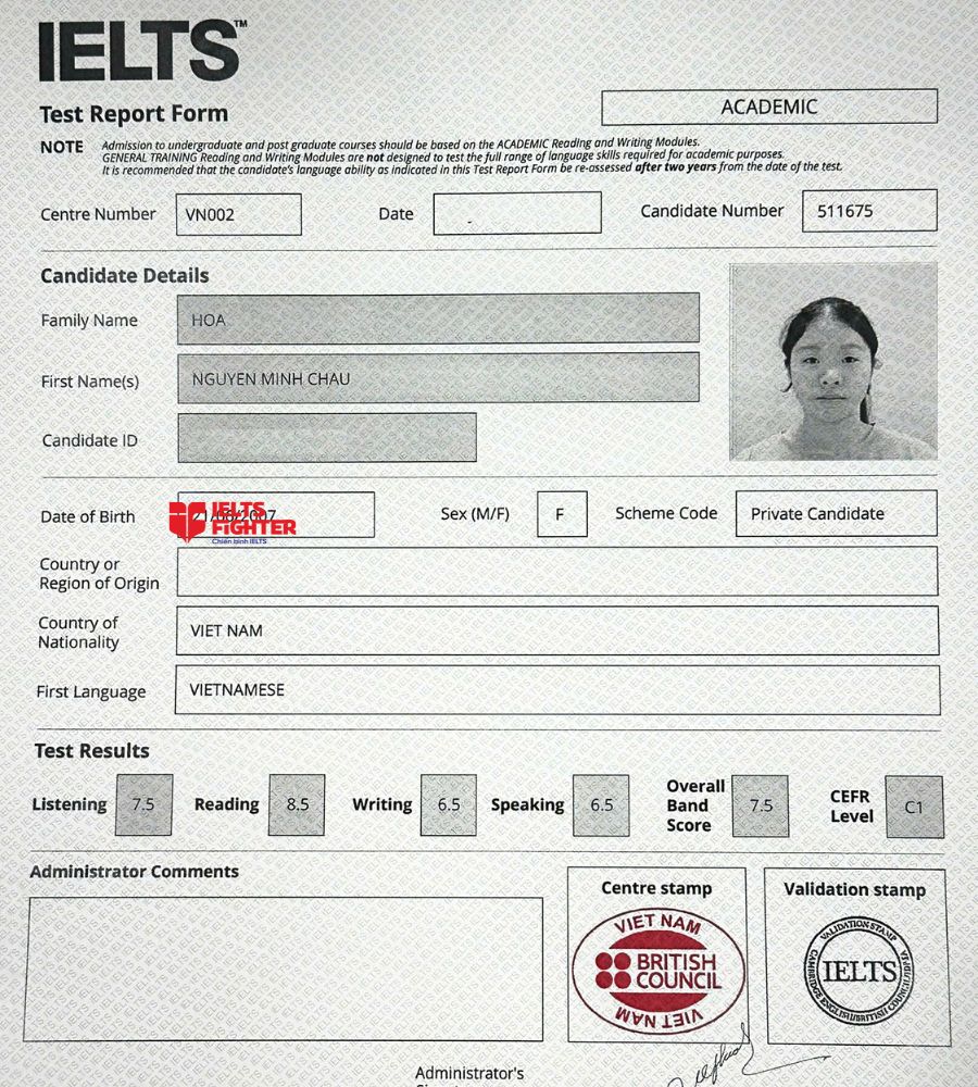bằng Hoa Nguyễn Minh Ch&acirc;u 7.5 IELTS