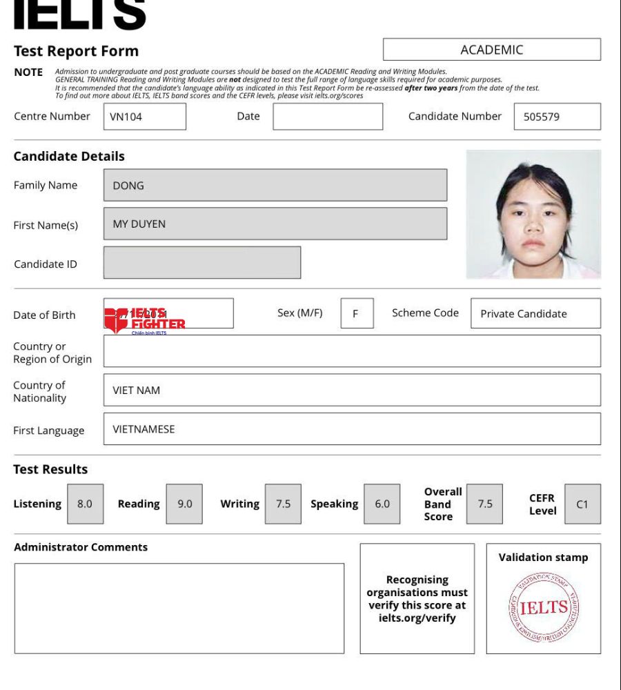 Chứng chỉ Đồng Mỹ Duy&ecirc;n 7.5 IELTS