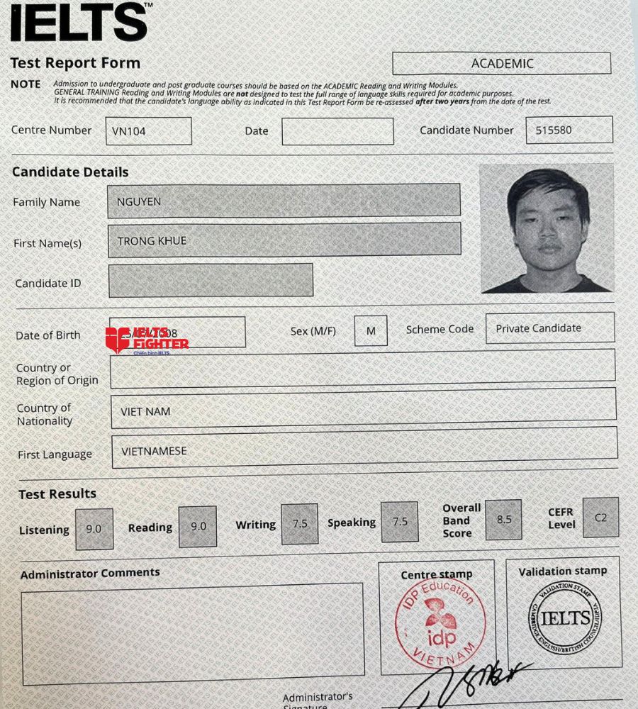 Chứng chỉ Nguyễn Trọng Khu&ecirc; 8.5 IELTS