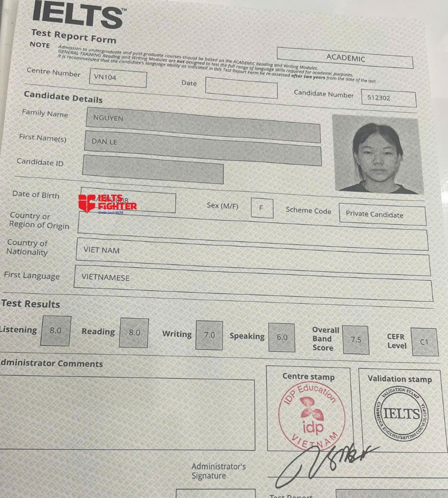 bằng Nguyễn Đan L&ecirc; 7.5 IELTS