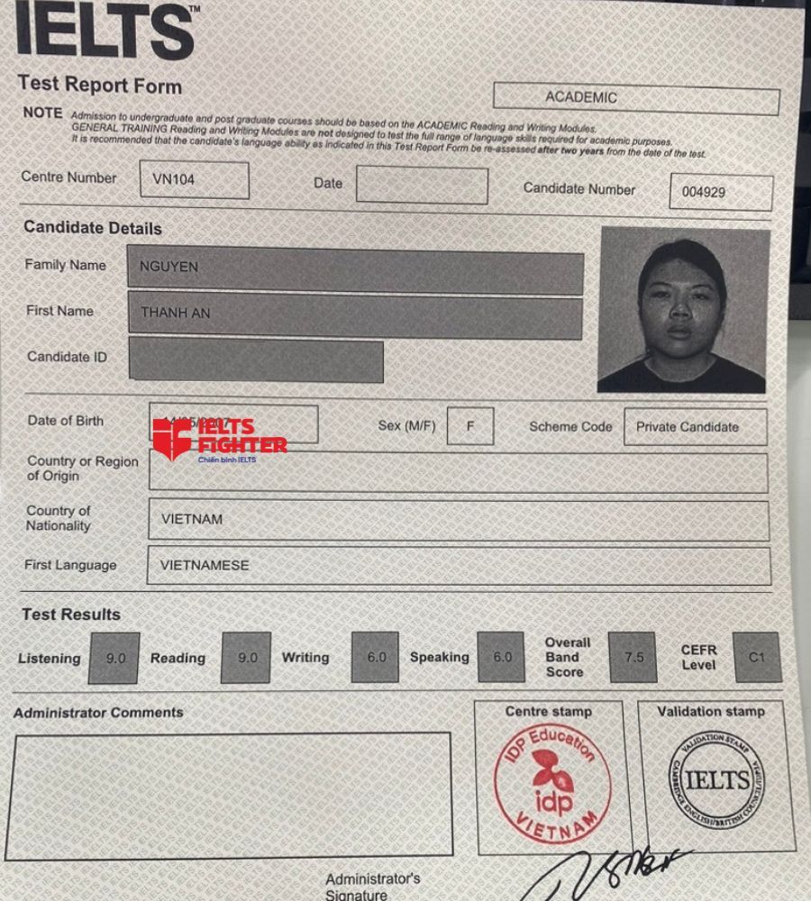 bảng điểm Nguyễn Thanh An 7.5 IELTS