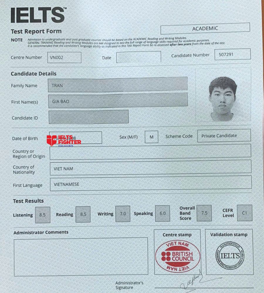 Chứng chỉ Trần Gia Bảo 7.5 IELTS