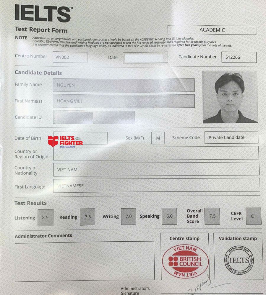 chứng chỉ Nguyễn Ho&agrave;ng Việt  7.5 IELTS