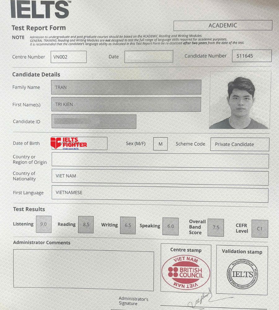 Chứng chỉ Trần Tr&iacute; Ki&ecirc;n 7.5 IELTS