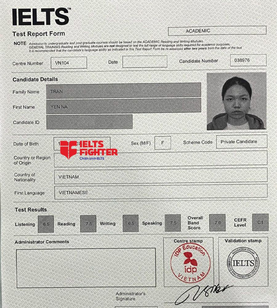 Bảng điểm Yến Na 7.0 IELTS
