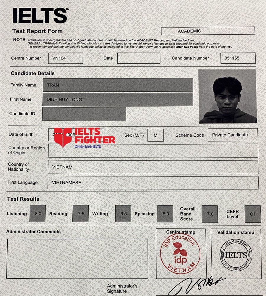 bảng điểm Trần Đình Huy Long 7.0 IELTS