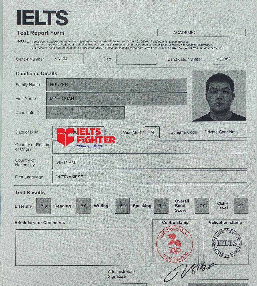 bảng điểm minh quân 7.0 ielts