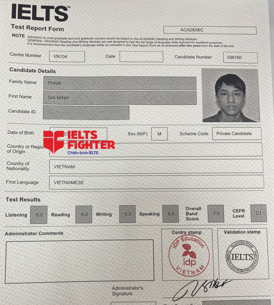 Bảng điểm gia minh 7.0 IELTS