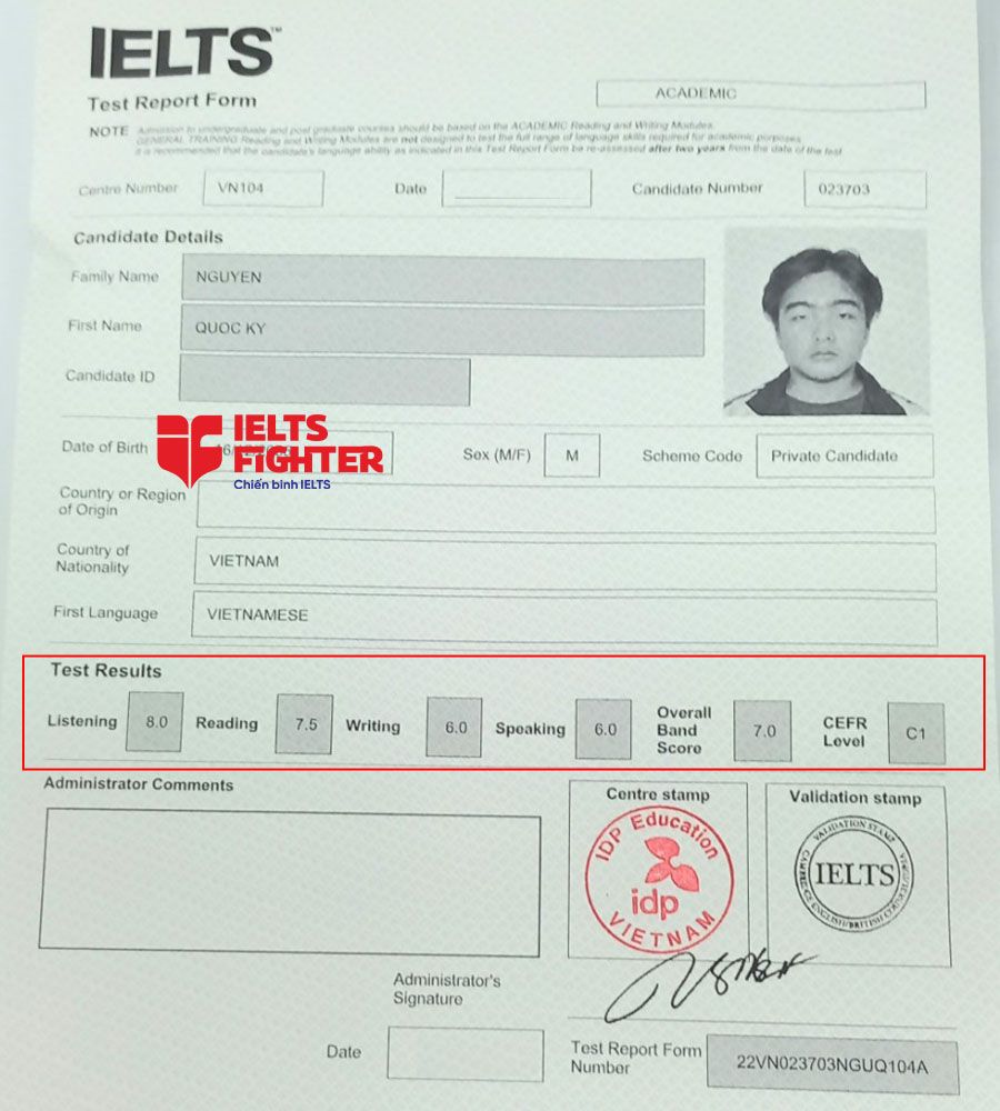 bảng điểm quốc kỳ 7.0 ielts