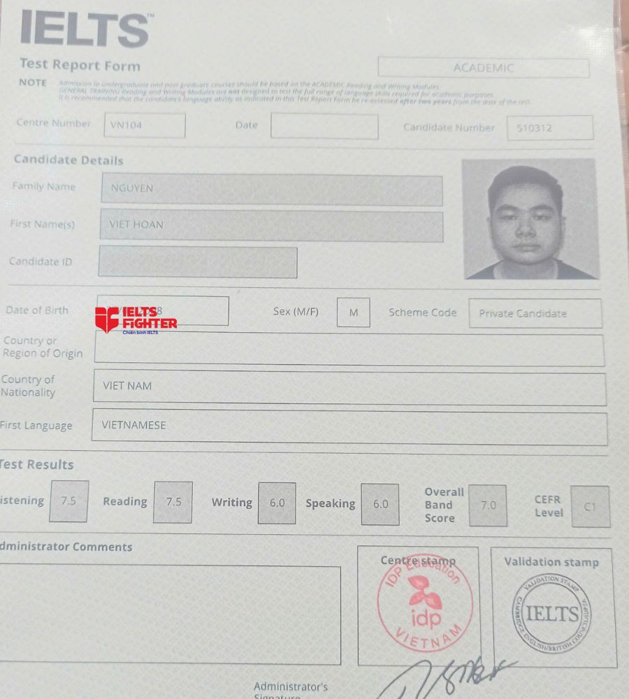 bằng Nguyễn Việt Ho&agrave;n 7.0 IELTS