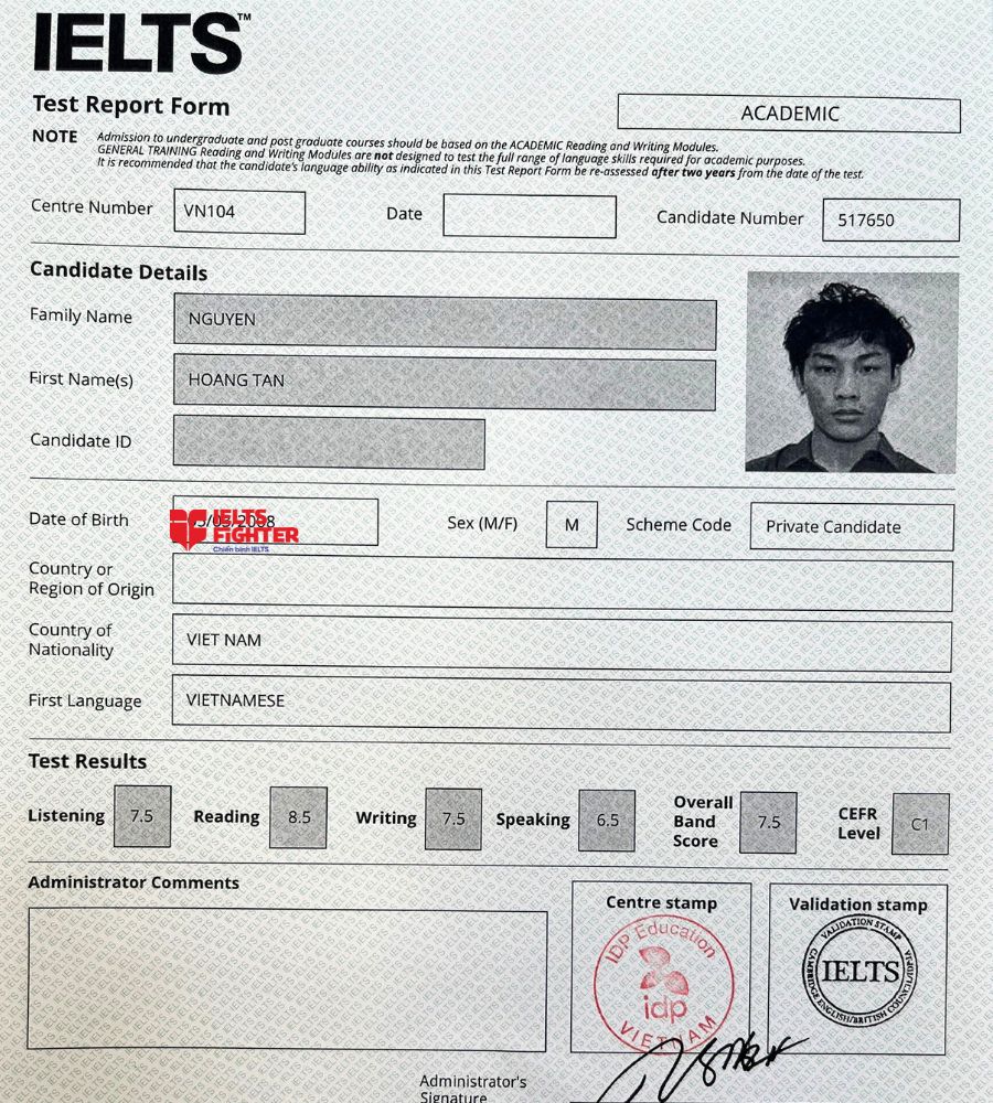Chứng chỉ Nguyễn Ho&agrave;ng T&acirc;n  7.5 IELTS