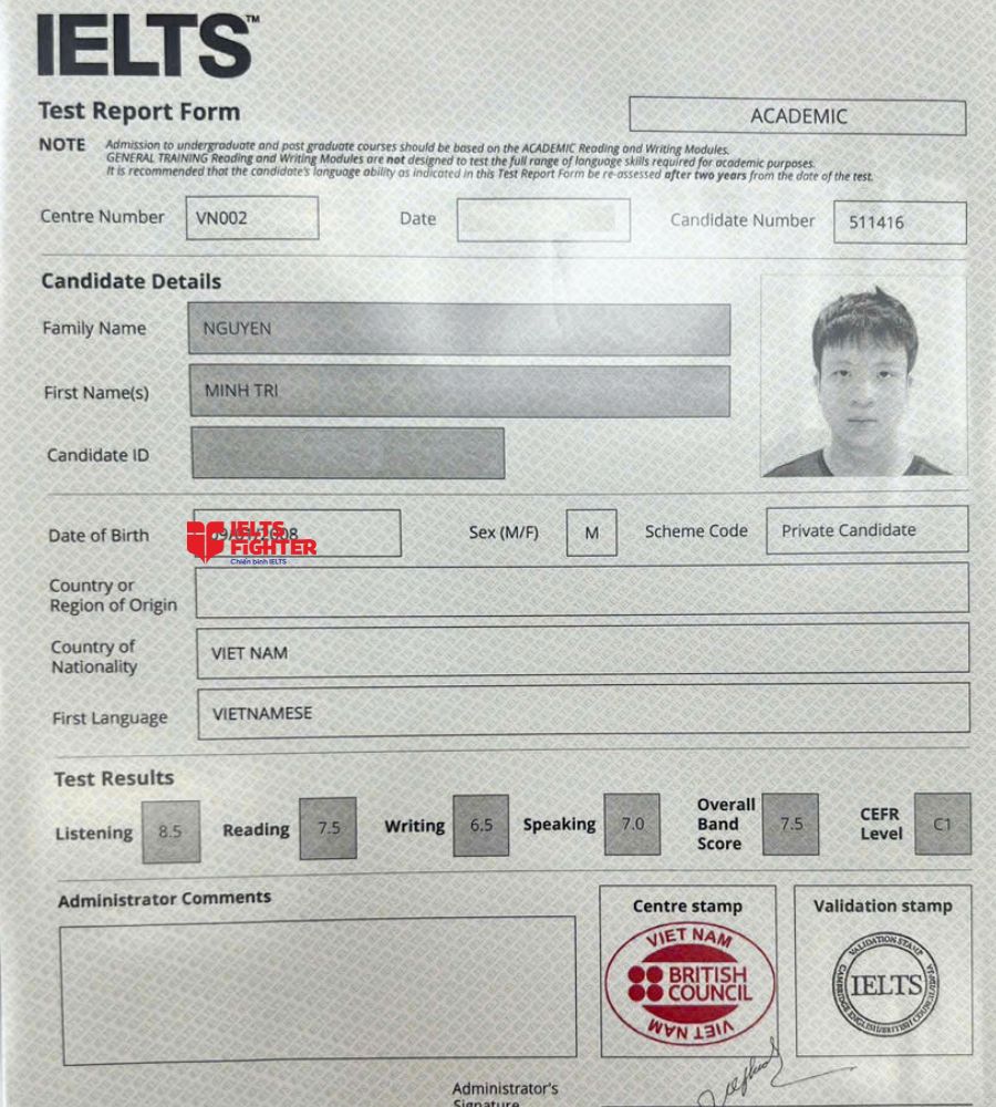 bằng Nguyễn Minh Trí 7.5 IELTS