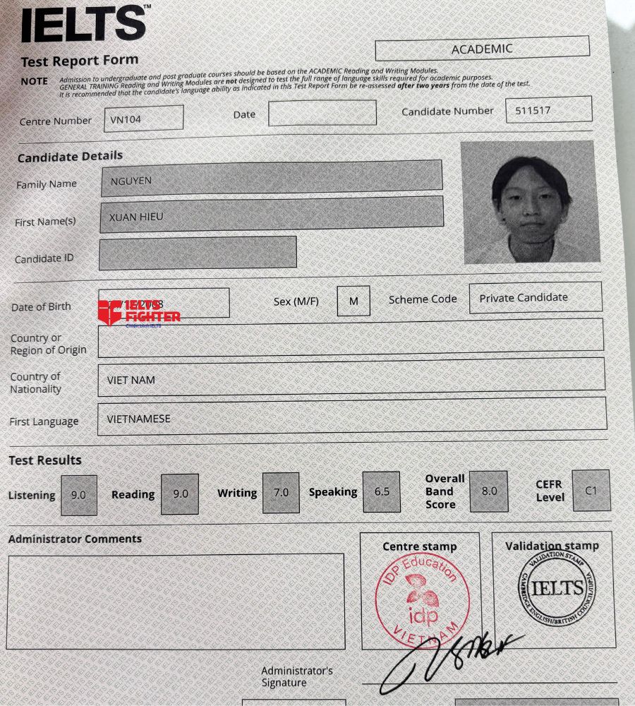 Chứng chỉ Nguyễn Xuân Hiếu 8.0 IELTS