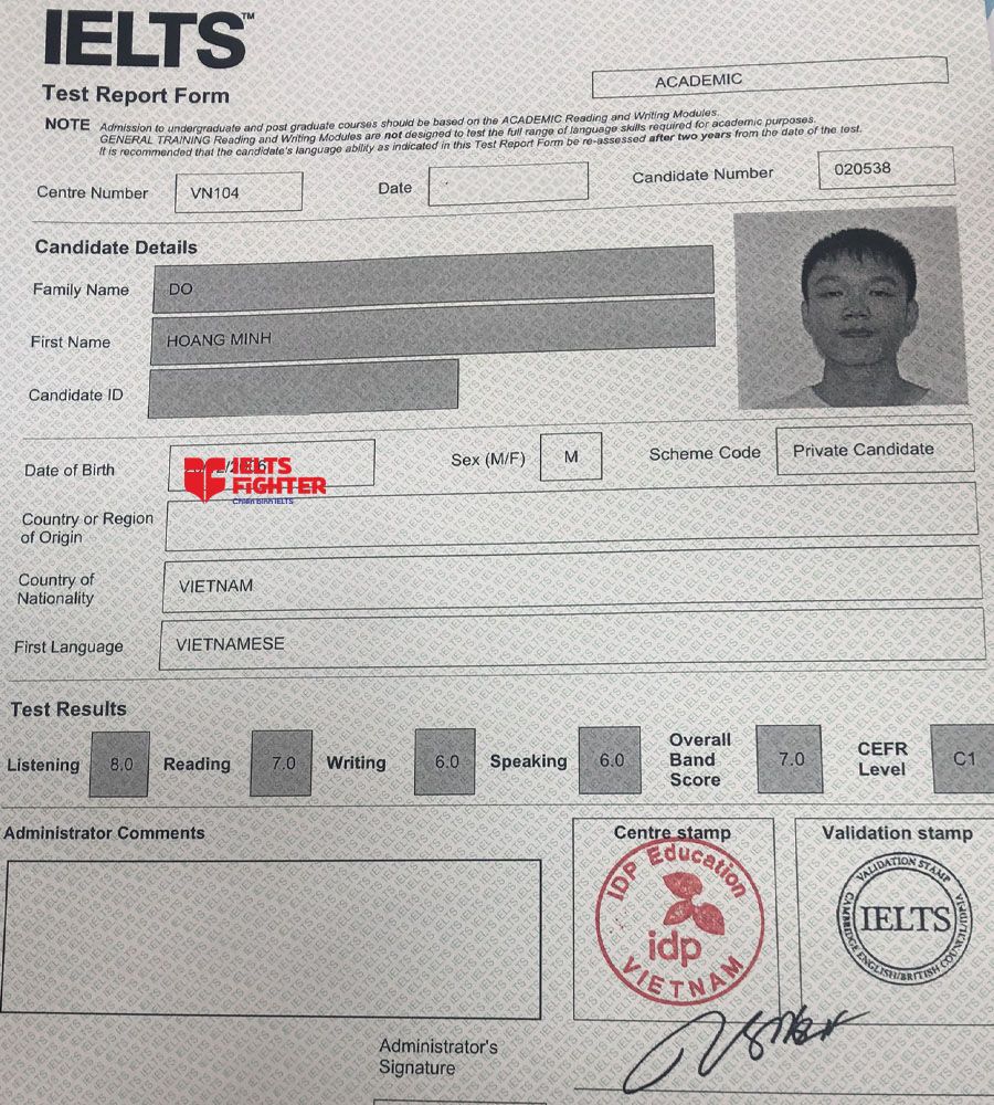 bảng điểm Hoàng Minh 7.0 IELTS
