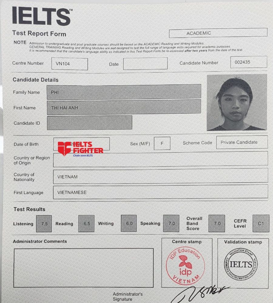 Bảng điểm Hải Anh 7.0 IELTS