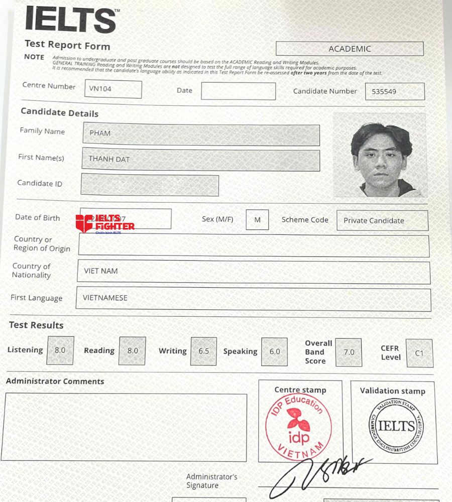 Chứng chỉ Phạm Th&agrave;nh Đạt 7.0 IELTS