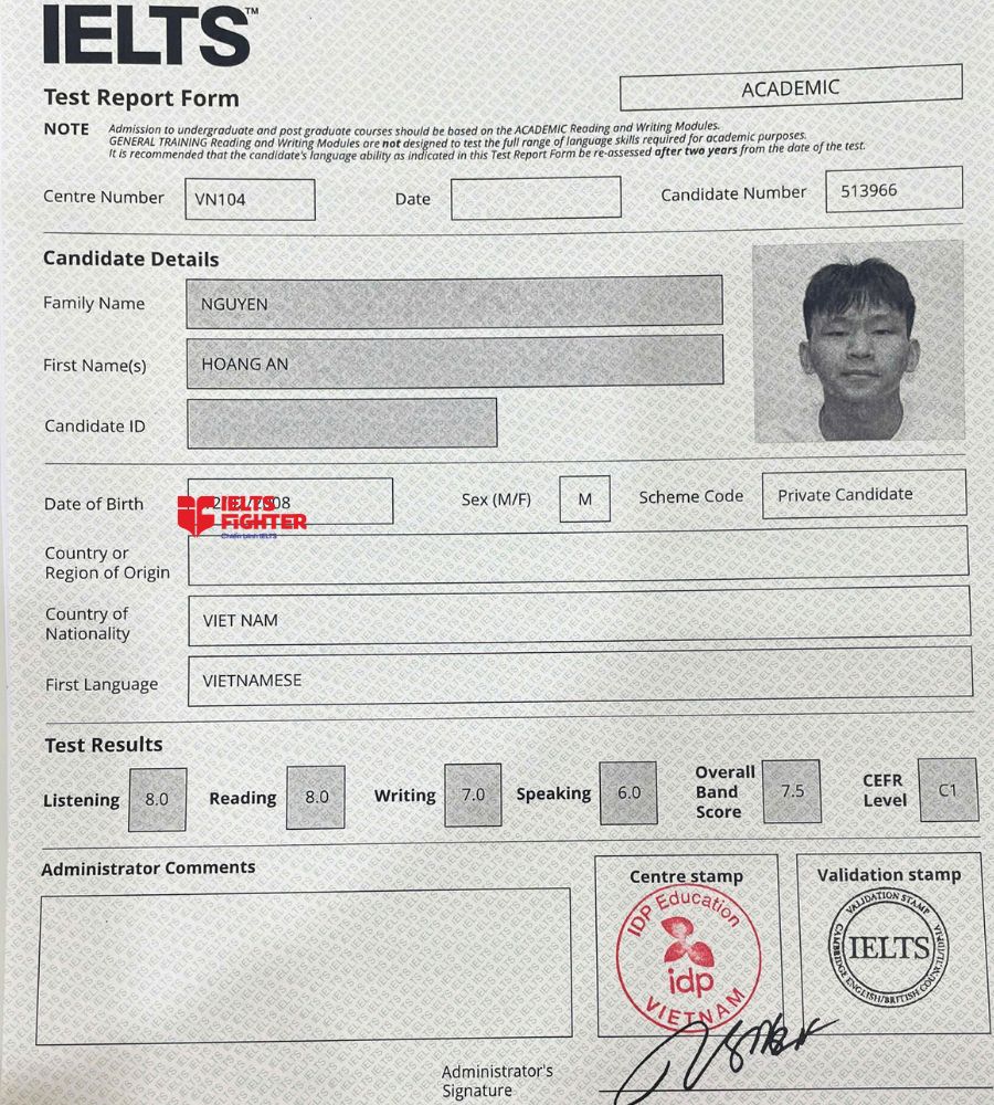 Chứng chỉ Nguyễn Ho&agrave;ng An 7.5 IELTS