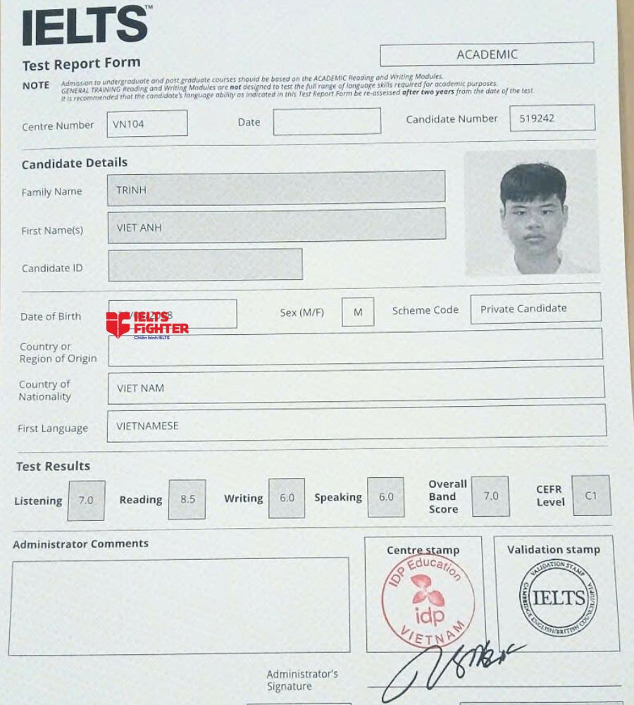 Chứng chỉ Trịnh Việt Anh 7.0 IELTS