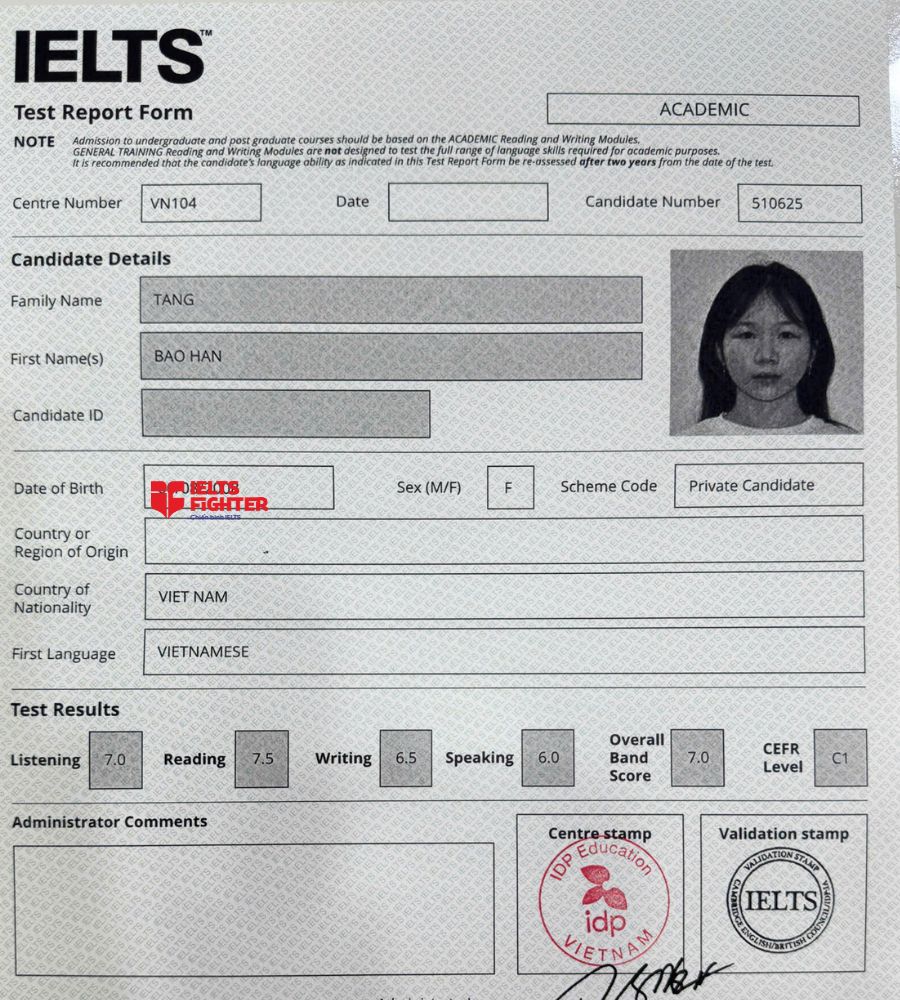 Chứng chỉ Tăng Bảo H&acirc;n 7.0 IELTS