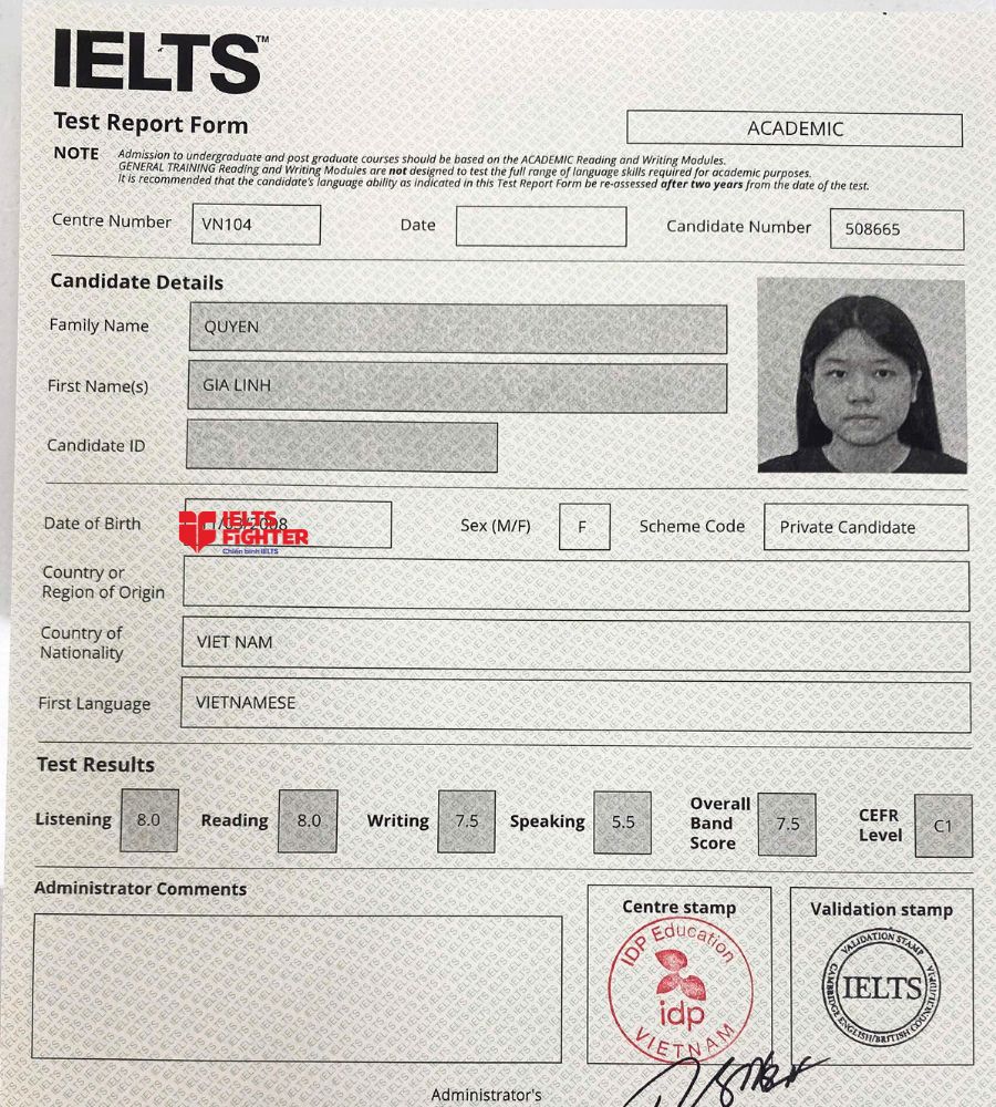 chứng chỉ Quyền Gia Linh 7.5 IELTS