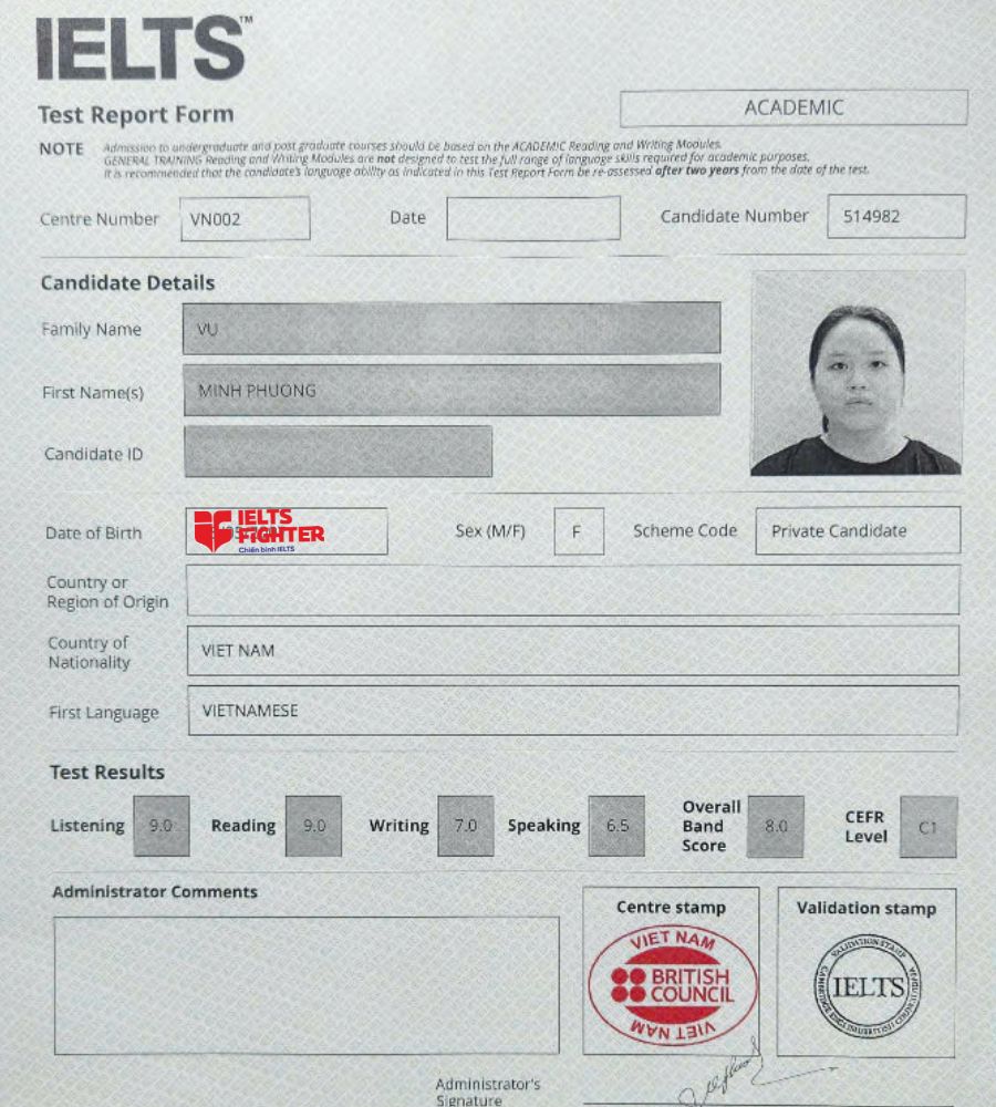 Chứng chỉ Vũ Minh Phương 8.0 IELTS