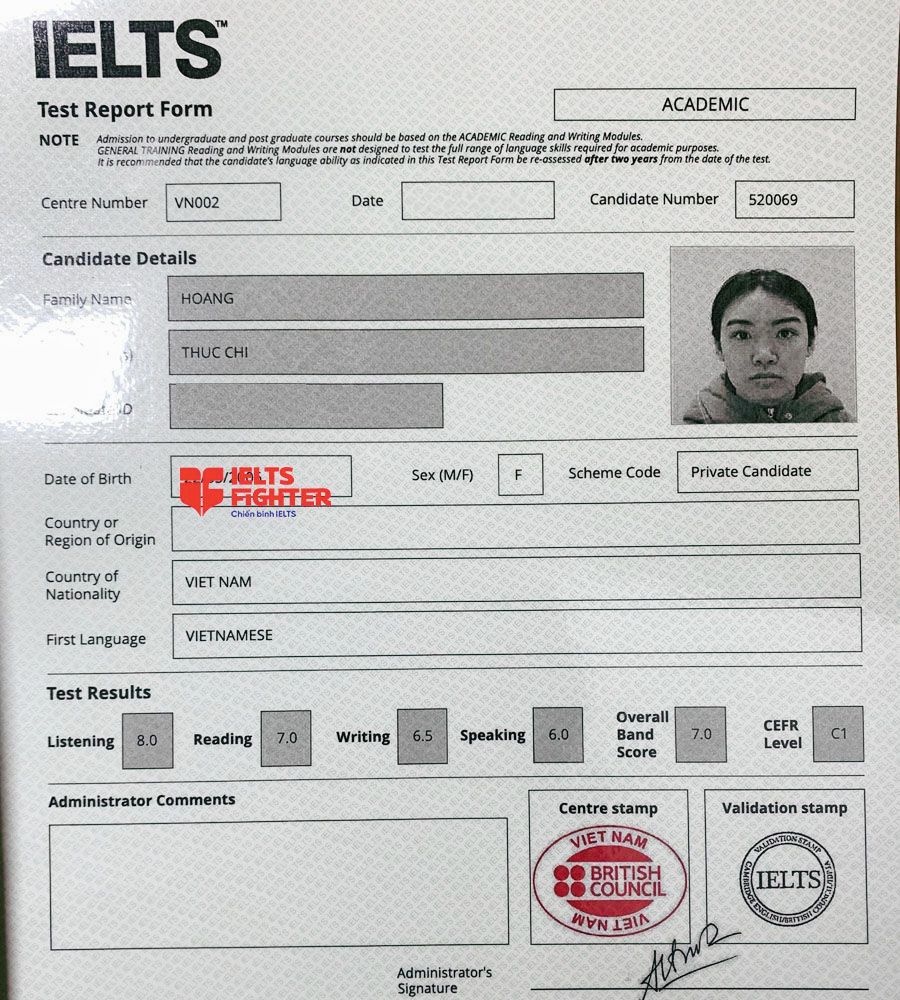 bảng điểm Thục Chi 7.0 IELTS