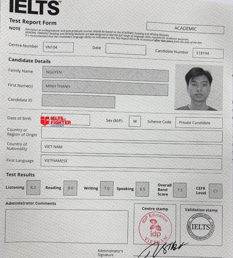 Chứng chỉ Nguyễn Minh Thành 7.5 IELTS