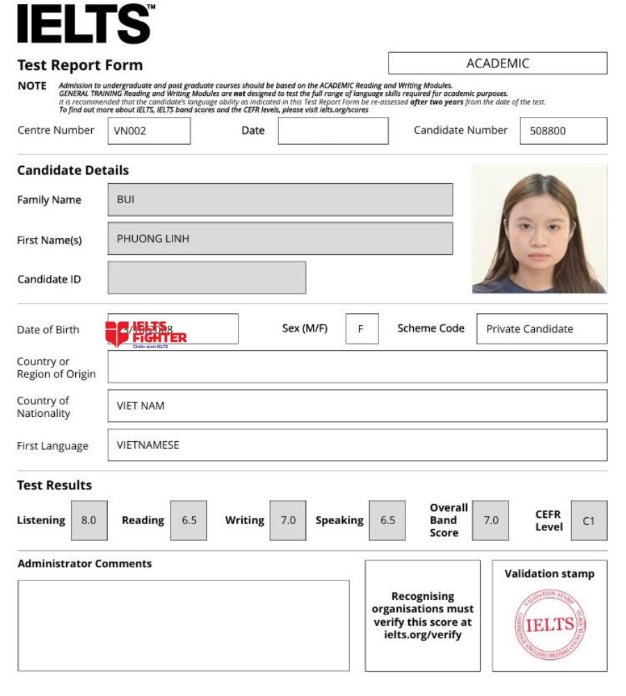 Chứng chỉ B&ugrave;i Phương Linh  7.0 IELTS
