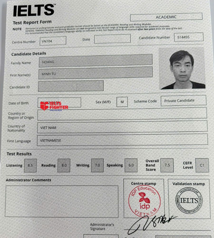 Chứng chỉ Ho&agrave;ng Minh T&uacute; 7.5 IELTS