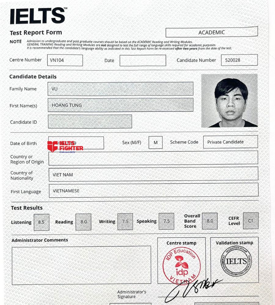 Chứng chỉ Vũ Ho&agrave;ng T&ugrave;ng&nbsp;8.0 IELTS