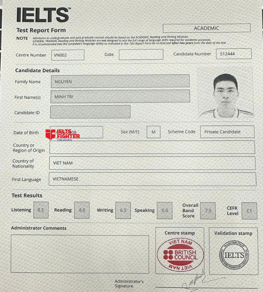 chứng chỉ Nguyễn Minh Tr&iacute; 7.5 IELTS