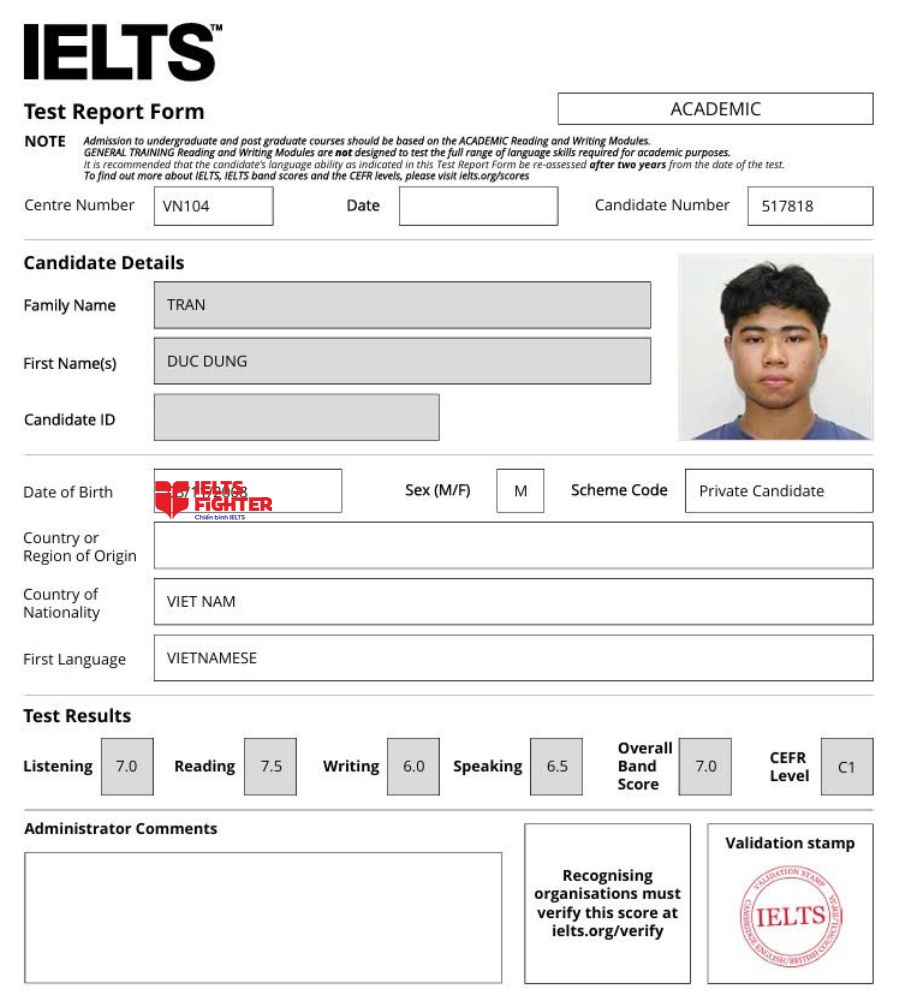 chứng chỉ Trần Đức Dũng 7.0 IELTS