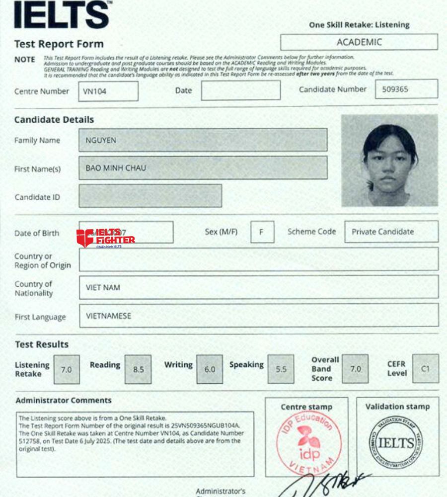 Chứng chỉ Nguyễn Bảo Minh Châu 7.0 IELTS