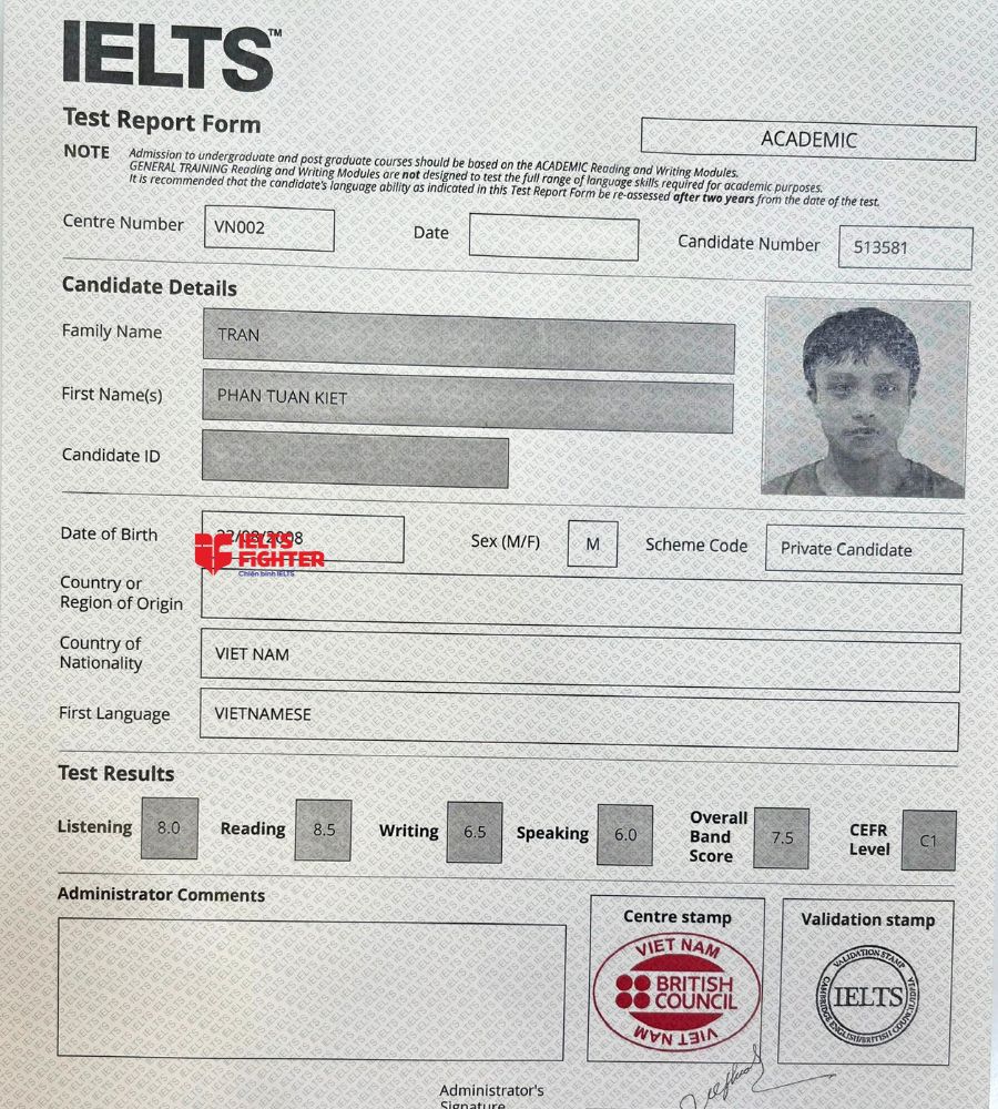 Chứng chỉ Trần Phan Tuấn Kiệt 7.5 IELTS