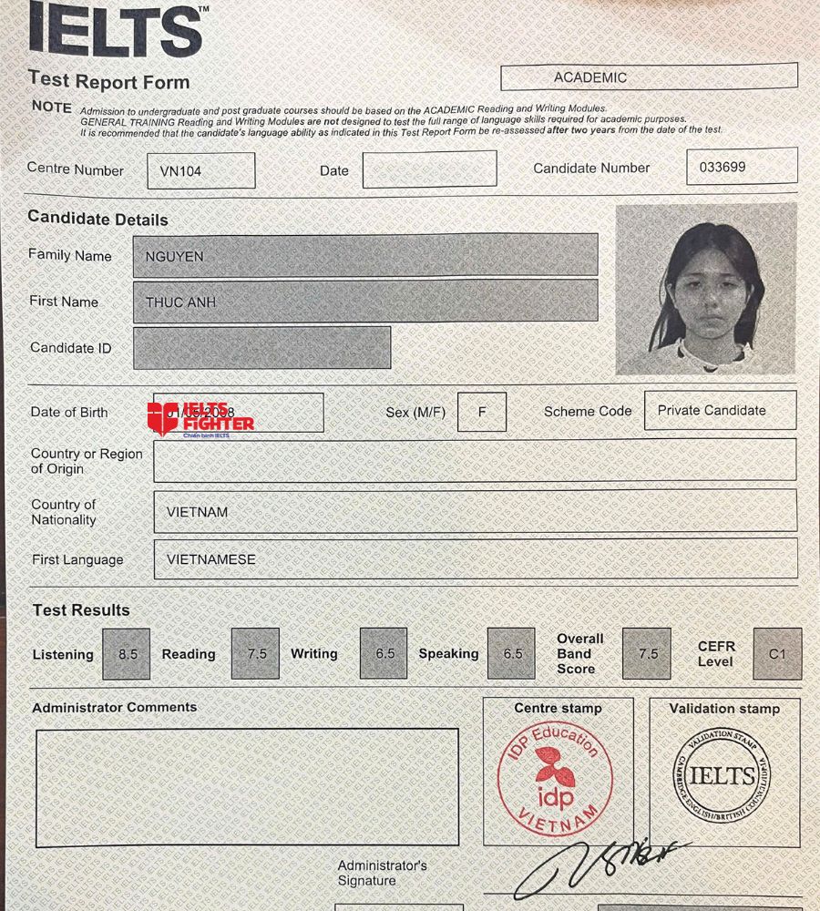 Chứng chỉ Nguyễn Thục Anh 7.5 IELTS