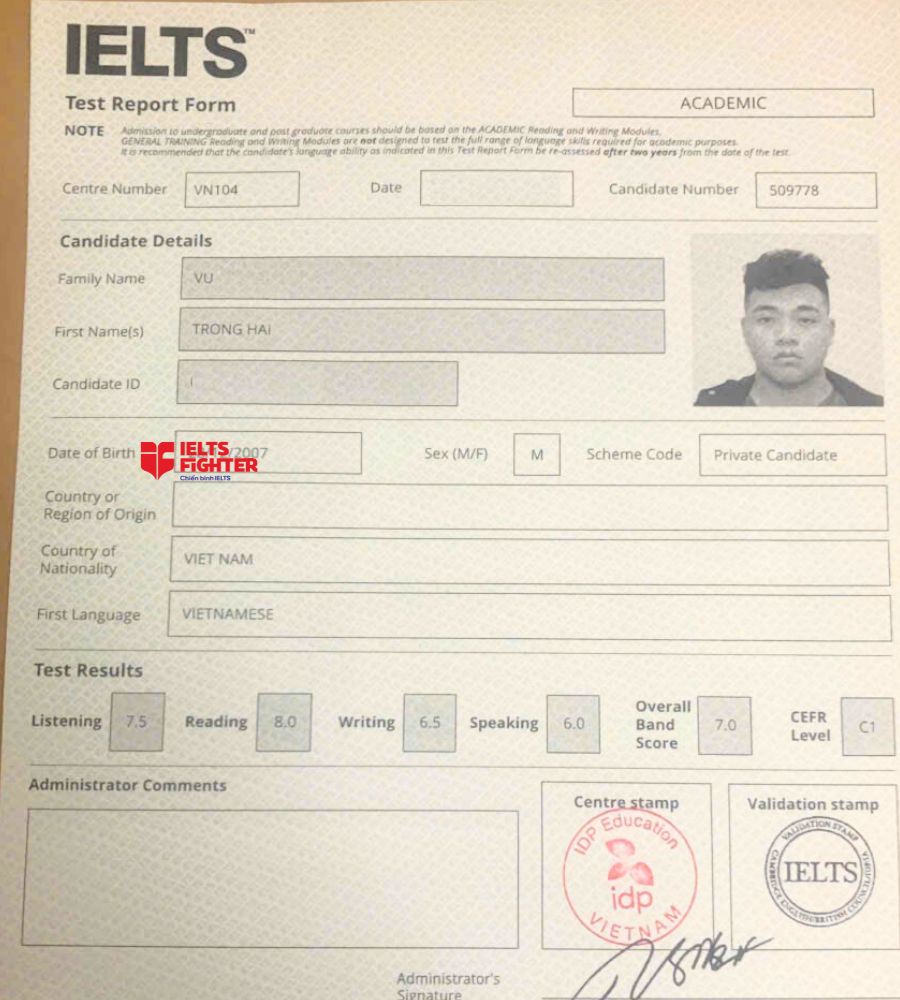 chứng chỉ Vũ Trọng Hải 7.0 IELTS