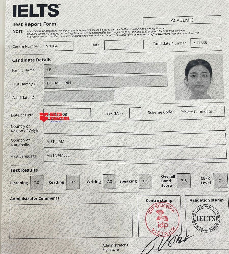 chứng chỉ Lê Đỗ Bảo Linh 7.5 IELTS