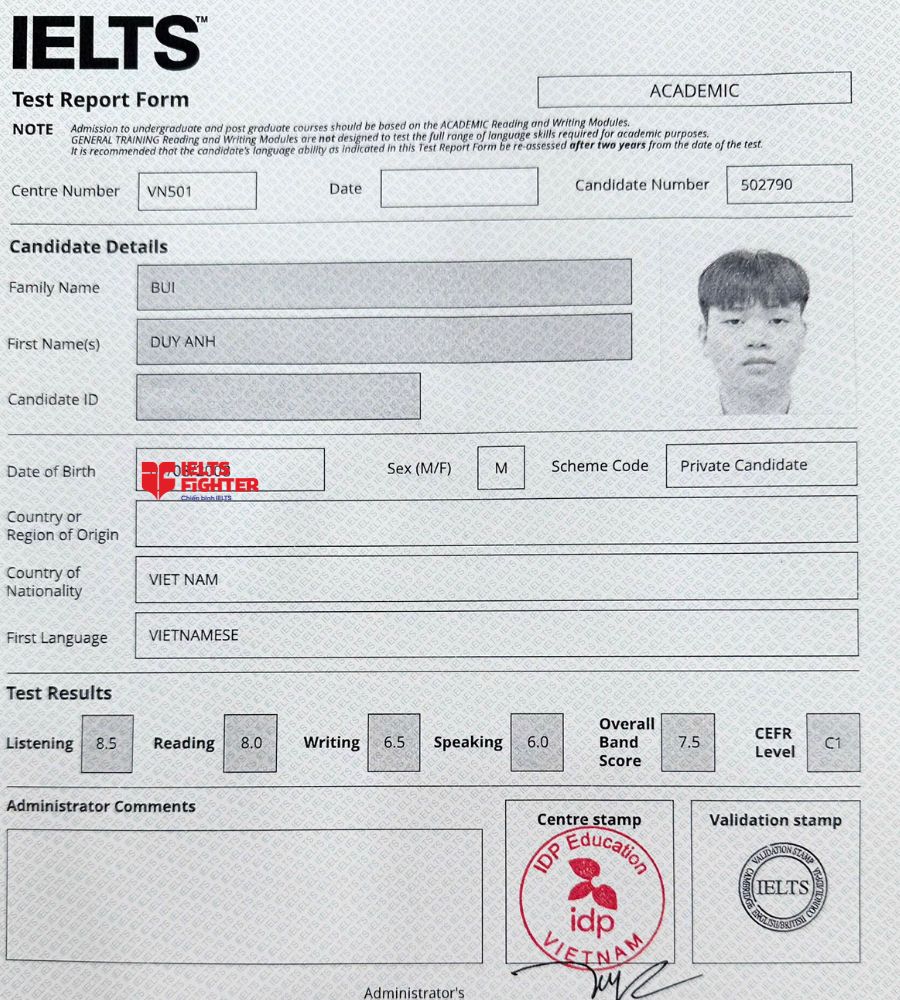chứng chỉ B&ugrave;i Duy Anh 7.5 IELTS