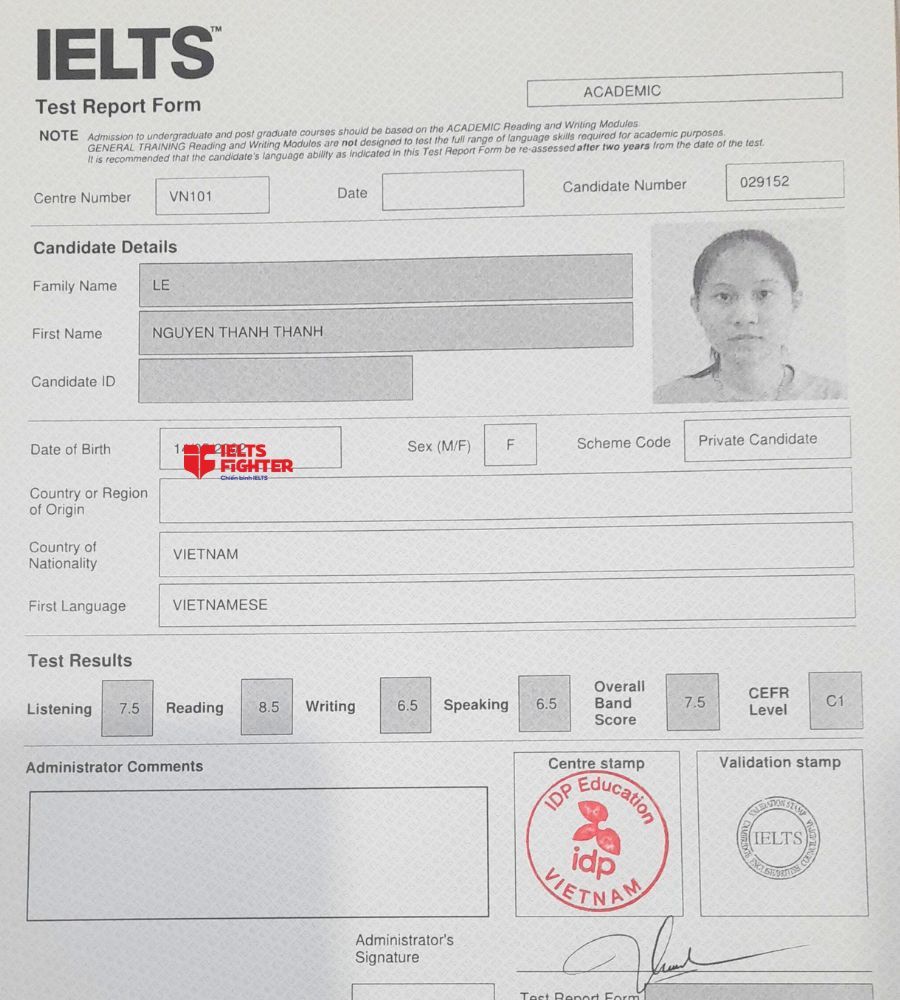 Chứng chỉ L&ecirc; Nguyễn Thanh Thanh 7.5 IELTS