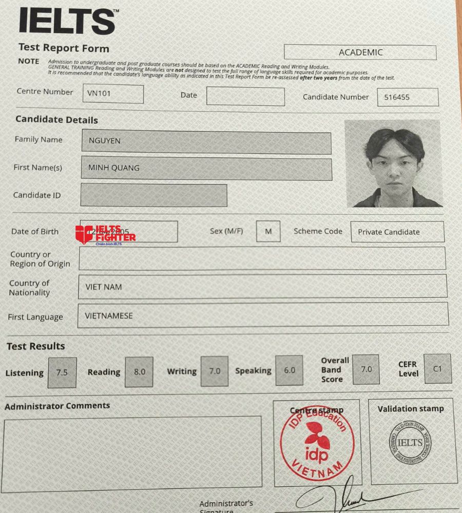 chứng chỉ Nguyễn Minh Quang 7.0 IELTS