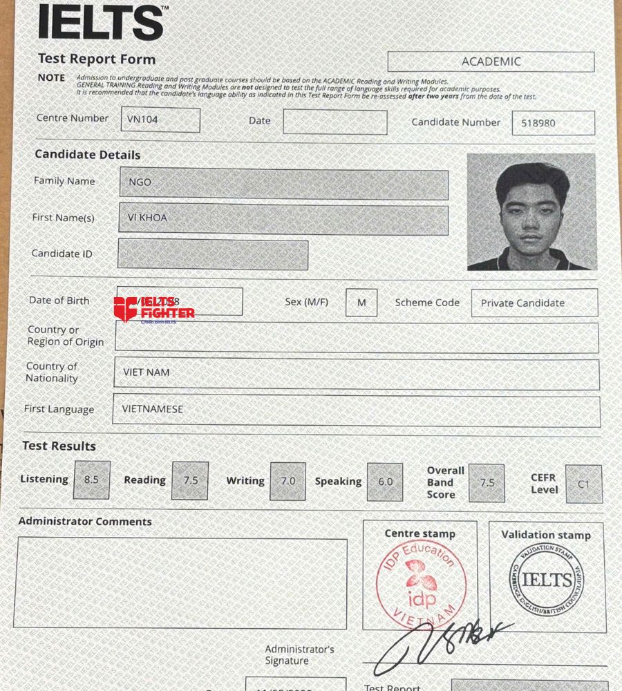 chứng chỉ Ng&ocirc; Vi Khoa 7.5 IELTS